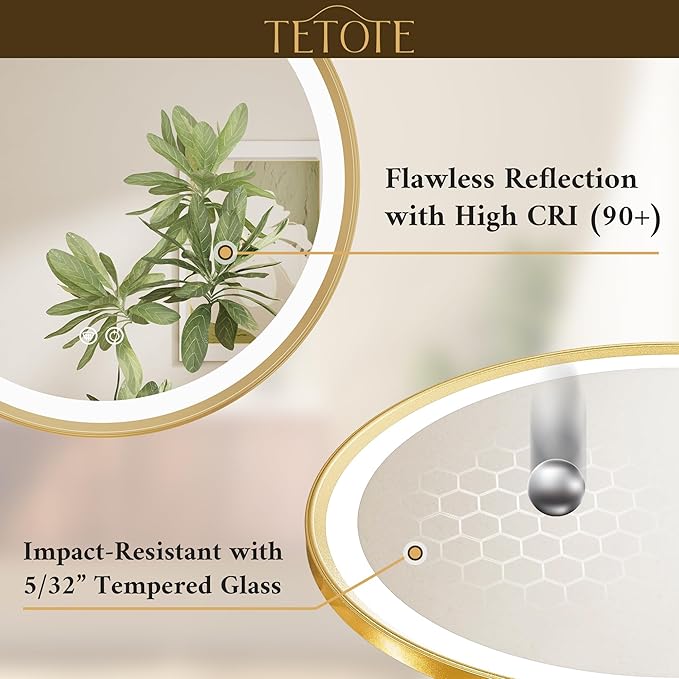 TETOTE Gold Round Led Mirror with Lights 24 Inch Metal Framed Round Circle Lighted Bathroom Vanity Mirror Wall Mounted, Front and Backlit 3 Color Stepless Dimmable Anti Fog, Shatterproof, CRI 90+