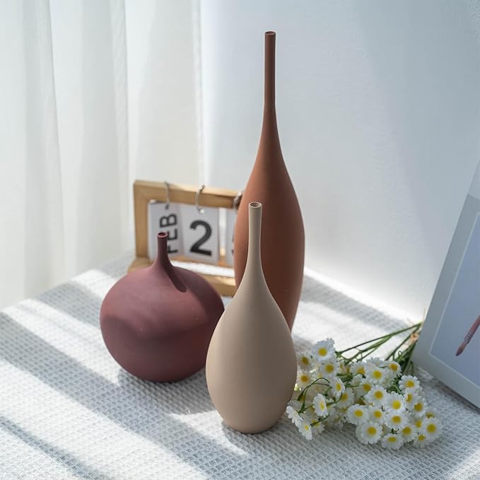 Ceramic Modern Vase Set of 3 Farmhouse Decorative Vase Minimalist Aesthetic Vases for Centerpieces Matte Ribbed Vases for Home Decor Table Entryway Living Room (Brown+Khaki+ Dark Red)