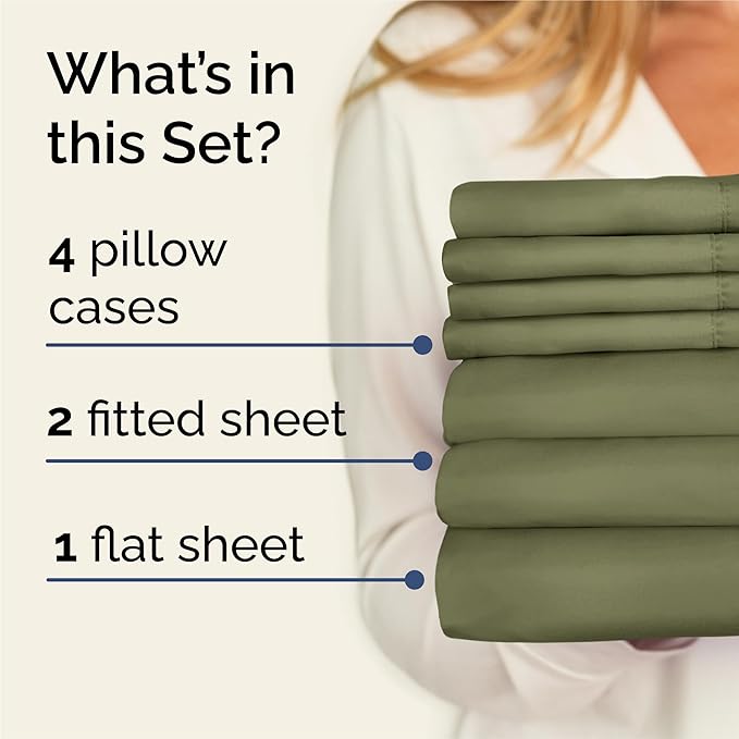 Split King Bed Sheet Set - 7 Piece Split King Bed Sheet Set - Soft Hotel Luxury Bedding - Cooling, Comfy & Breathable - 1 Flat & 1 Fitted & 4 Pillowcases w/ Deep Pockets - Wrinkle Free - Sage Green
