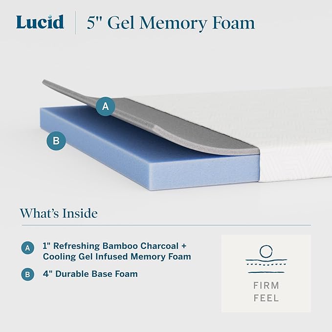 Lucid 5 Inch Memory Foam Mattress – Low Profile - Firm Feel - Infused with Bamboo Charcoal and Gel - Bed in a Box - Temperature Regulating - Breathable - Twin Size