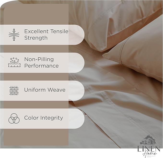 Linen Home 100% Cotton Percale Sheets Twin Size, Taupe, Deep Pocket, 3 Pieces Set - 1 Flat, 1 Deep Pocket Fitted Sheet and 1 Pillowcase, Crisp Cool and Strong Bed Linen