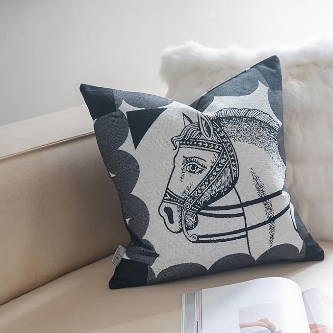 Premium Throw Pillow Covers 18x18 Inches - Black Elegance Palace Horse Chenille Jacquard Embroidery Decorative Couch Pillow Covers for Living Room Bedroom Sofa Home Décor
