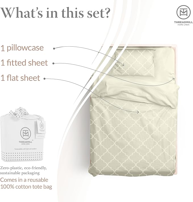 Threadmill Cotton Twin Sheet Set | 100% Cotton Sheets for Twin Size Bed | Damask Jacquard Sateen Twin Bed Sheets Set with 16” Deep Pocket | Soft Breathable 3-Piece Cooling Sheet Set | Ivory