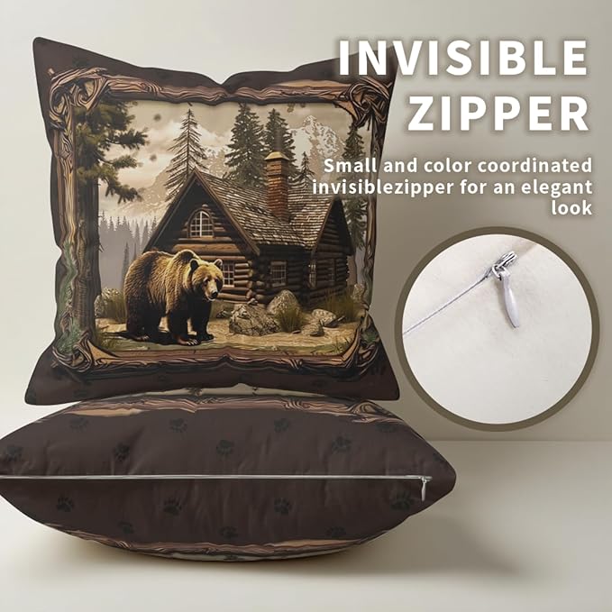 Cabin Pillow Covers 18x18 - Rustic Bear Deer Throw Pillow Covers Set of 2 Wildlife Woodland Pillowcases for Couch Sofa