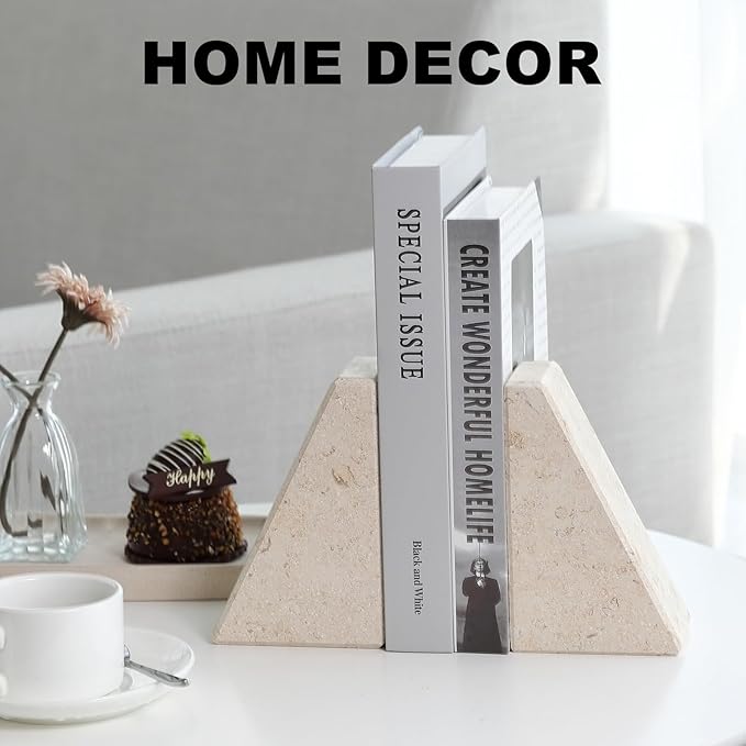 Marble Bookends for Heavy Books, Decorative Book Ends for Shelves, Beige Stone Durable and Heavy-Duty Book Ends for Hardback Books & CDS, Unique Book Stopper & Holder, Set of 2