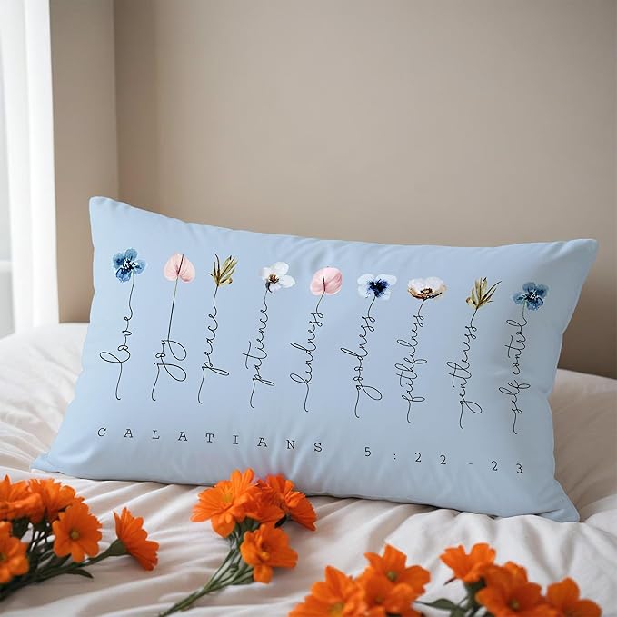 Fruit of The Spirit Bible Verse Pillow Covers 12x20, Boho Floral Christian Throw Pillow Covers for Home Office Church Decor, Christian Gifts for Women, Faith Based Gifts(Blue)
