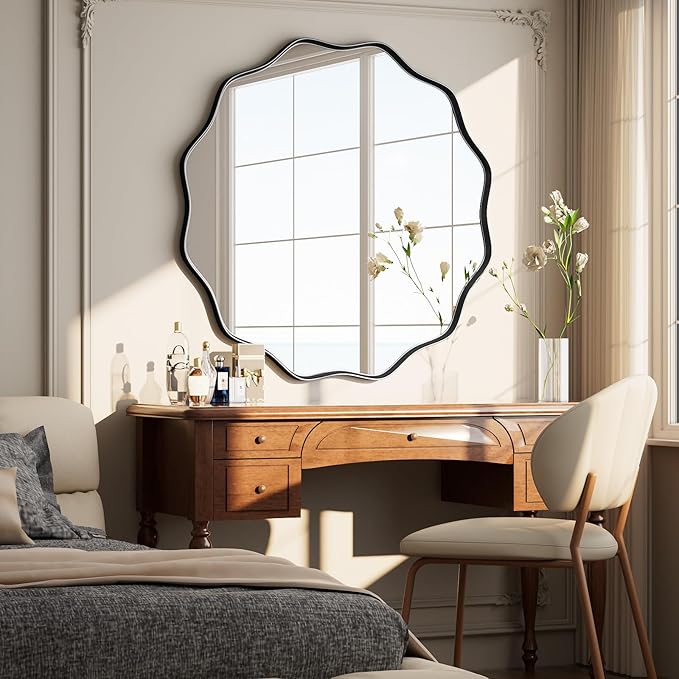 Round Wavy Mirror - 30 Inch Bathroom Vanity Mirror Metal Frame Circle Wall Mounted Mirror for Bedroom Living Room Entryway, Black