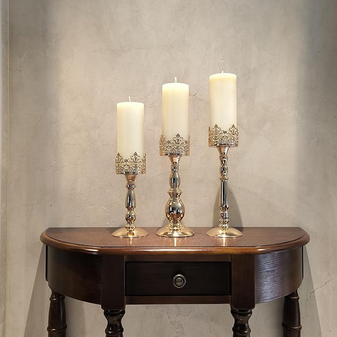 Candle Holders for Pillar Candles Set of 3 Gold Vintage Tall Candle Holders Decorative Large Table Centerpieces Candle Stand Decor