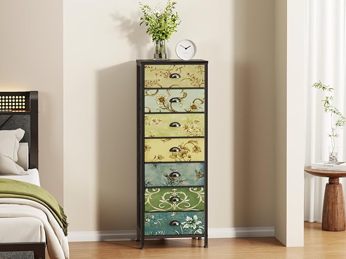 Furnulem Tall Dresser for Bedroom with 7 Fabric Drawers, Vintage Dressers & Chest of Drawers, Vertical Storage Tower Organizer Unit Retro Bedside Furniture in Closet,Living Room,Nusery,Dorm,Entryway