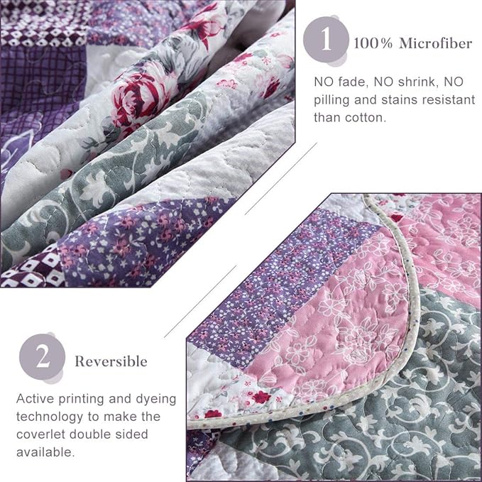 Homcosan Quilt Bedspreads Sets King Size (98x106 inches), Reversible Purple Floral Patchwork Patterns, Lightweight Coverlet for All Season, 3-Piece Bedding (1 Quilt + 2 Pillow Shams)