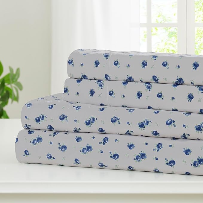 Modern Threads Silky Soft Microfiber and Wrinkle Free Sheets - Luxurious Microfiber Bed Sheets Includes Flat Sheet, Fitted Sheet with Deep Pockets, & Pillowcases Sweet Rose Blue, Full