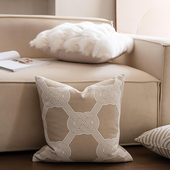 Premium Throw Pillow Covers 20x20 Inches - Oatmeal Gordian Knot Accent Chenille Jacquard Embroidery Decorative Couch Pillow Covers for Living Room Bedroom Sofa Home Décor
