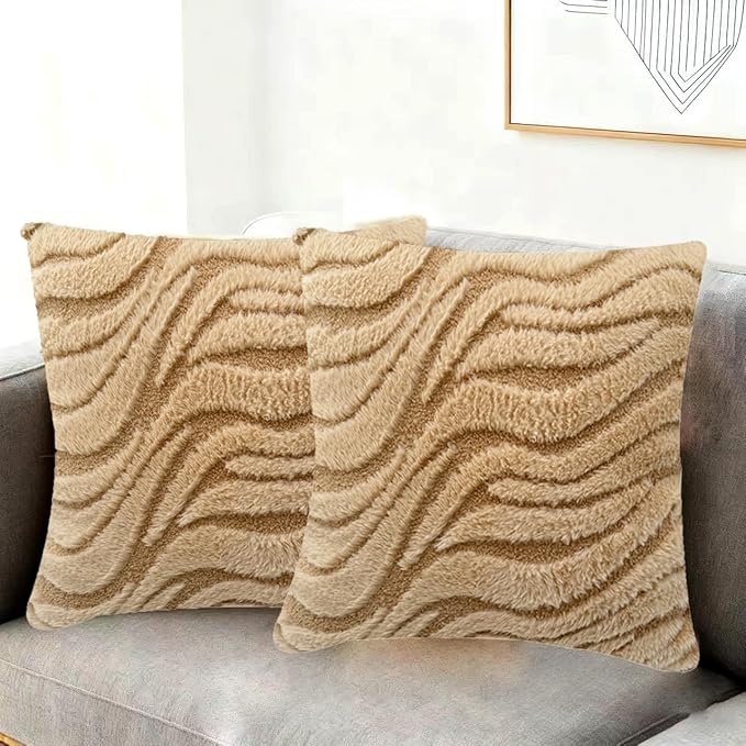 Khaki Pillow Covers 18" x 18" Striped Texture Decorative Pillow Covers for Couch Boho Tufted Fluffy Throw Pillow Covers for Outdoor Bed Sofa Chair Livingroom - 2 Pieces