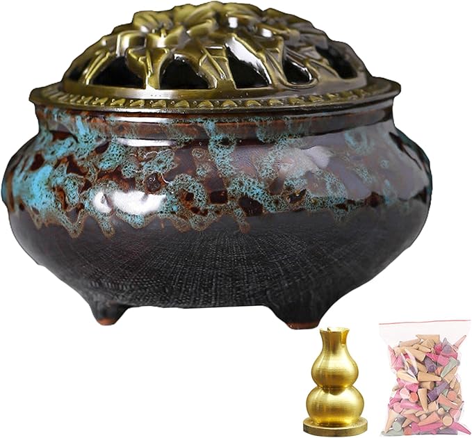 Ceramic Incense Burner with Lid, Bowl Burner， Cone Incense Burner, Ceramic Censer Suitable for Incense/Cone/Coil/Sticks, There are 30 Incense Cones+ Metal Incense Holder+Fireproof Cotton Inside.