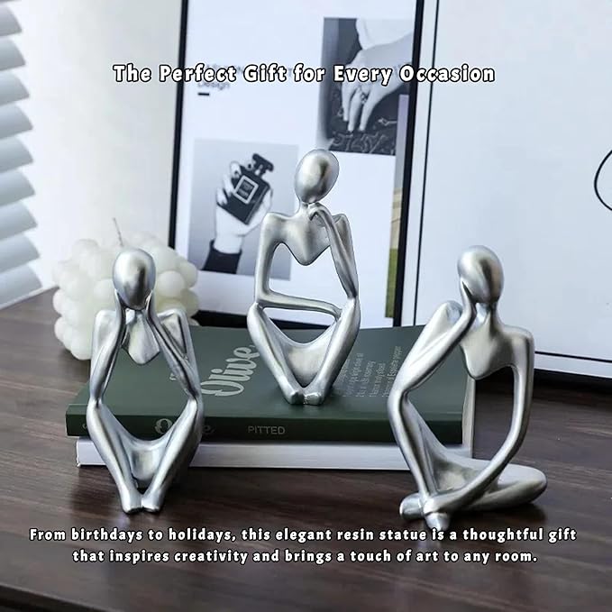 Thinker Statue Decor, Abstract Resin Sculpture – Modern Art Figurine for Home, Office, Bookshelf, Desk Decoration | Meaningful Housewarming, Birthday, Graduation Gift (Silver)