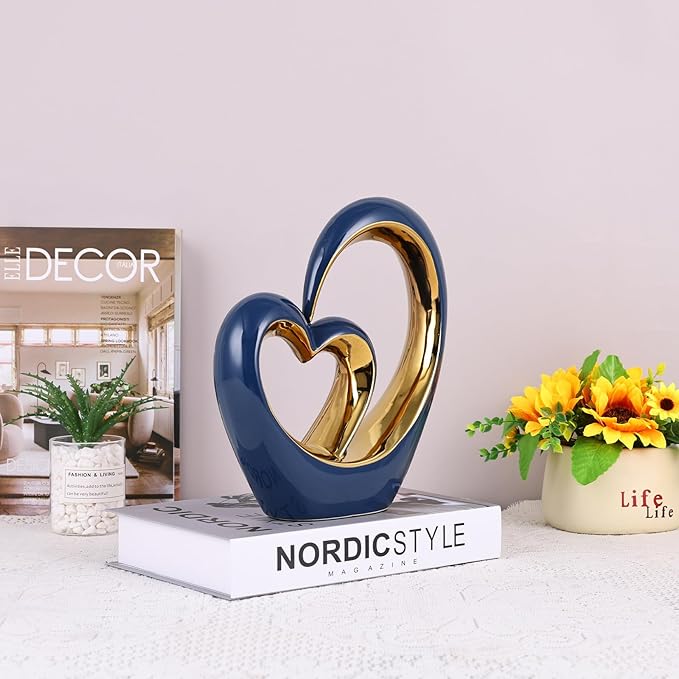 LCCCK Porcelain Double Heart Decor,Blue and Gold Sculpture Home Decor for Living Room Entryway Coffee Dining Table Shelves, Wedding Anniversary, Valentine's Gift for Couples & Lovers Modern