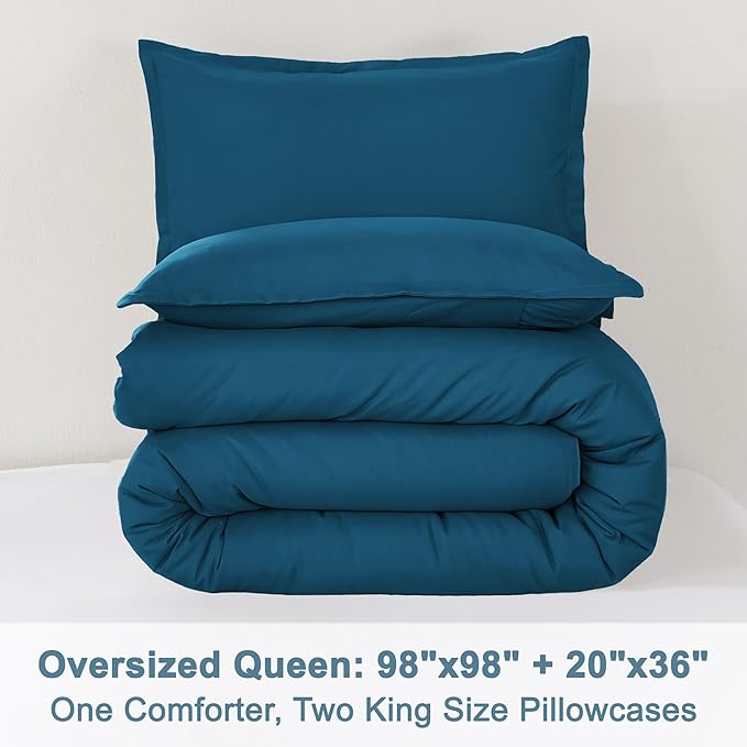 Litanika Comforters Teal Oversized Queen Size, 3 Pieces Lightweight Solid Bedding Set & Collections, All Season Fluffy Bed Set (98x98In Comforter & 2 Pillowcases)