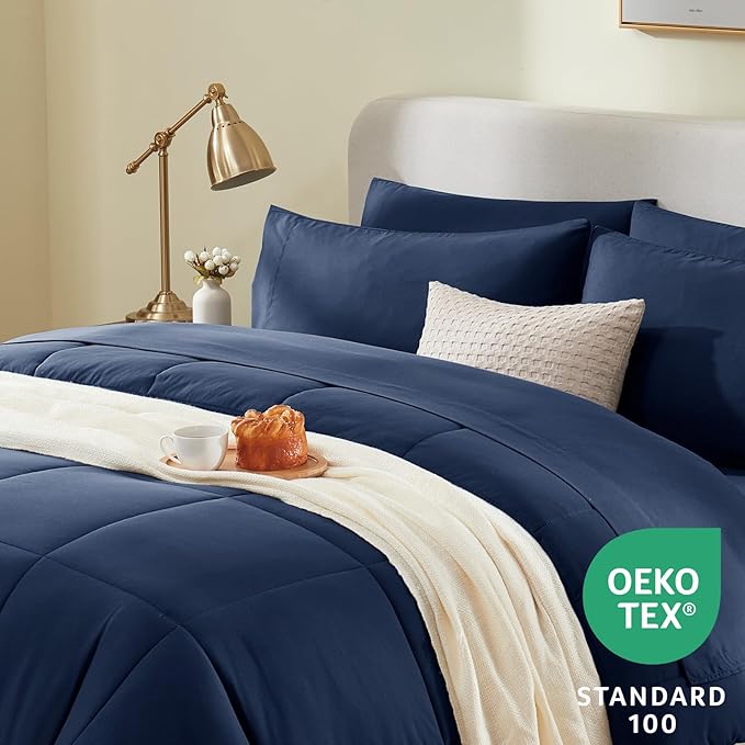 CozyLux Oversized King Comforter Sets Navy Blue, 7 Pieces Bed in a Bag, Ultra-Soft All Season Bedding Sets with Stitch Quilted Comforter, Flat Sheet, Fitted Sheet, Pillowcases, Navy Blue