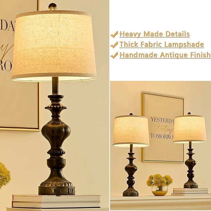 27.5" Farmhouse Table Lamps Set of 2 Bedside Nightstand Lamp with USB C+A Ports & AC Outlet, 3 Way Dimmable Touch Lamps for Bedroom Living Room Office Rustic Lamp (Rotary Switch-Black)