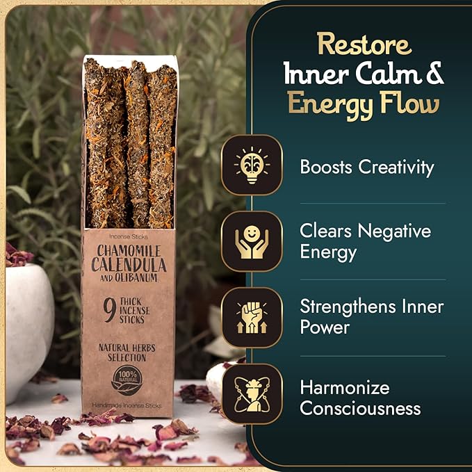Sagrada Madre Chamomile Incense Sticks - 9 Extra Long Rods for Abundance, Peace, Love & Protection - Infused with Natural Calendula, Frankincense & Essential Oils - 50-Minute Burn Time for Meditation