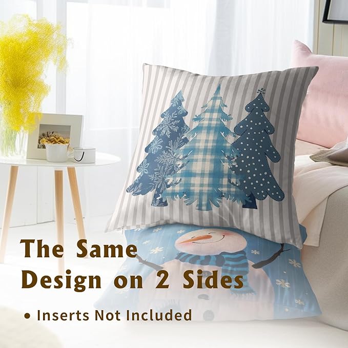 Winter Snowman Throw Pillow Covers - Buffalo Plaid Trees Pillow Covers 16x16 Set of 2 Snowflake Pillowcases Ice Crystal Snow Cushion Covers for Home Sofa Bed