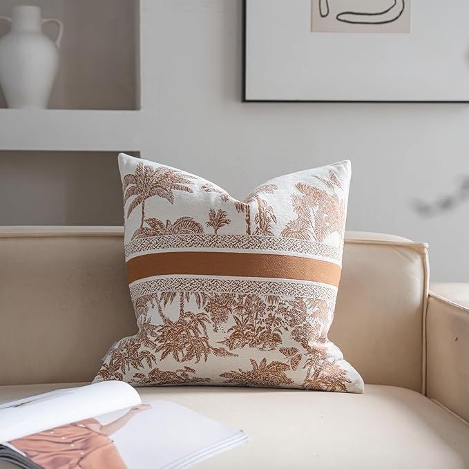 Premium Throw Pillow Covers 18x18 Inches - Jungle with Tawny Birch Palm Tree Chenille Jacquard Embroidery Decorative Couch Pillow Covers for Living Room Bedroom Sofa