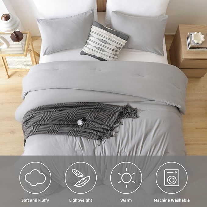 ROSGONIA Queen Comforter Set Grey, 3pcs Bedding Comforter Sets (1 Gray Comforter & 2 Pillowcases) All Season Soft Lightweight Bedspread Blanket Quilt