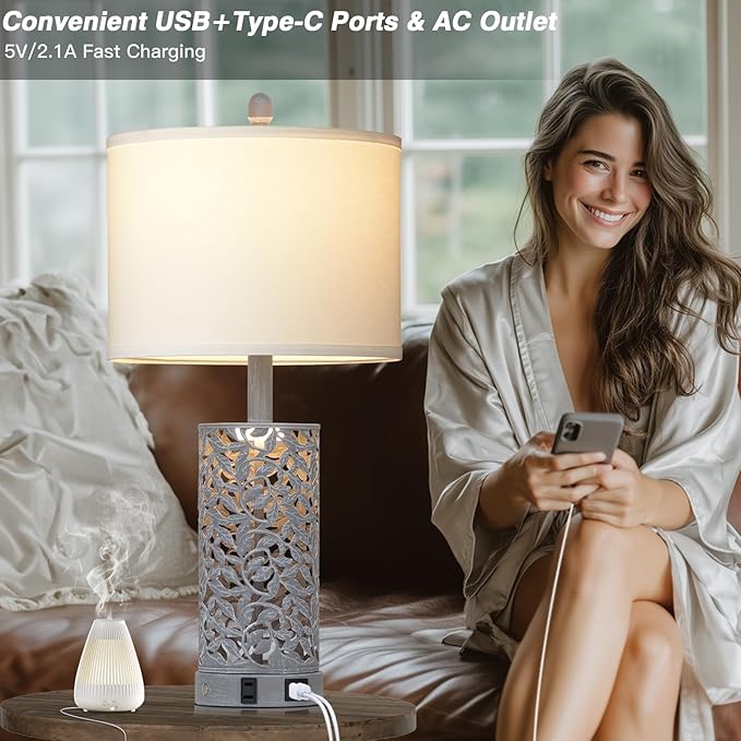 Vintage Lamp for Living Room Set of 2,Antique Retro Bedside Nightstand Lamps with 2 USB Ports & AC Outlet,Touch Control Industrial Desk Lamp for Bedroom Entryway,Gray