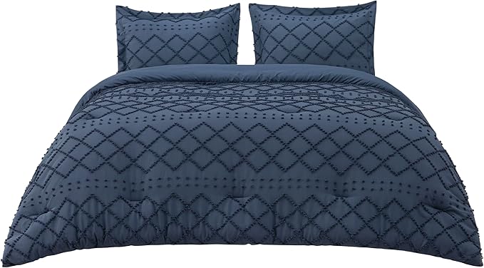 Bedsure Oversized Queen Comforter Set - Navy Blue Comforter, Boho Tufted Shabby Chic Bedding, 3 Pieces Vintage Farmhouse Bed Set for All Seasons, Fluffy Soft Bedding with 2 Pillow Shams