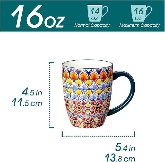 vancasso 16 oz Coffee Mugs Set of 6, Large Ceramic Mug with Handle, Boho Coffee Cups for Latte, Cappuccino & Hot Chocolate, Dishwasher & Microwave Safe Gift Set, Series SIMI