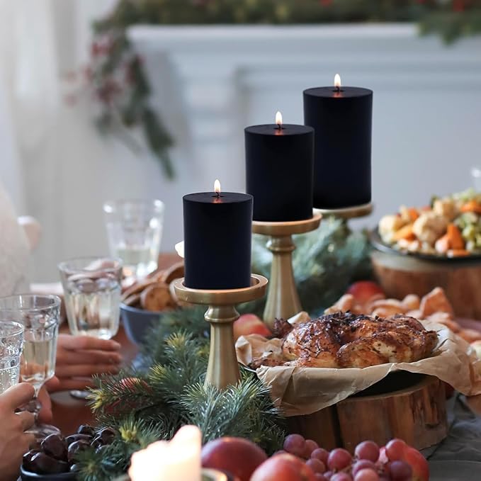 Set of 3 Different Sizes Black Pillar Candles, Unscented Dripless 2.75x3, 2.75x4, 2.75x6 Inch Cylinder Column Wax Long Burning Candles for Halloween Home Power Outage Emergency Dinner Table Decoration