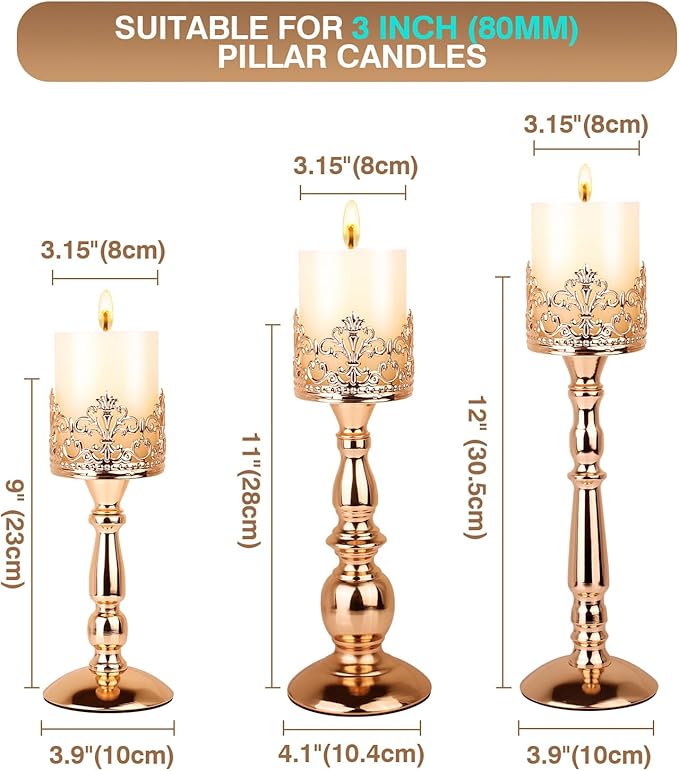 Candle Holders for Pillar Candles Set of 3 Gold Vintage Tall Candle Holders Decorative Large Table Centerpieces Candle Stand Decor