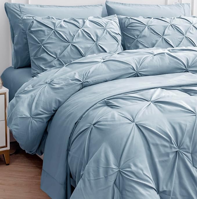 LANE LINEN Twin Comforter Set, 5 Piece Twin Bedding Sets for Boys, Pintuck Twin Size Bed Set, Pinch Pleated Twin Bed in a Bag Set, Twin Bed Comforter Set with Sheets, Pillowcase & Sham - French Blue