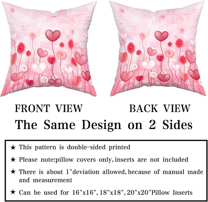 Giwawa Love Hearts Pillow Cover Set of 2 Red Pink Dots Heart Floral Cushion Covers Valentines Day Decorative Square Cotton Throw Pillowcases 20x20 Inches for Couch Sofa Bedding Wedding Holiday