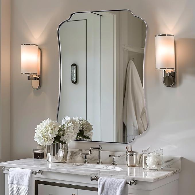 ANDY STAR 24"x36" Brushed Nickel Mirror, Scalloped Bathroom Wall Mirror with Metal Frame for Vanity, Vintage Design Ideal for Entryway, Living Room & Bedroom Decor