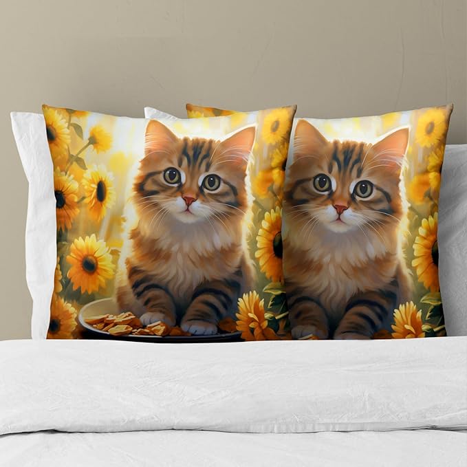 Cute Cat Sunflower Pillow Covers - Sunflowers Throw Pillow Cases 16x16 Inch Set of 2 Kitten Pet Cushion Cover for Couch Bedroom Indoor Outdoor