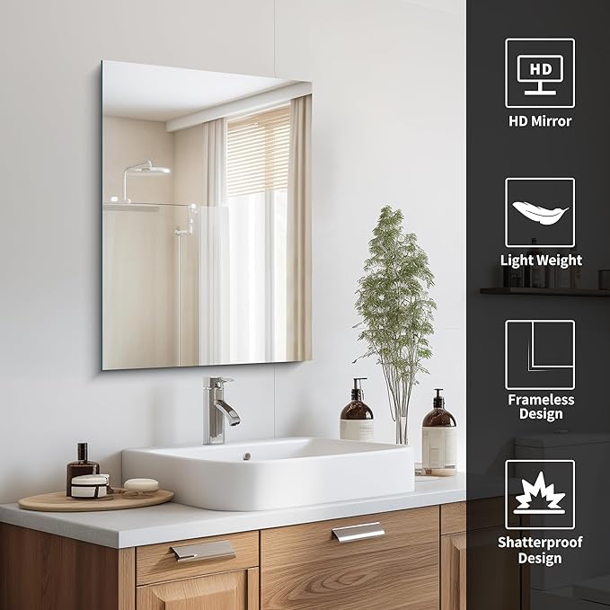 Frameless Mirror, 18x24 Inch Bathroom Mirrors for Wall, Rectangle Bathroom Vanity Mirrors with Polished Edge, Hangs Horizontally or Vertically for Bathroom, Bedroom and Living Room