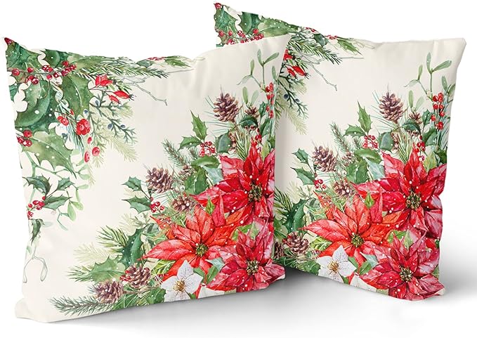 Giwawa Poinsettia Throw Pillow Covers Set of 2, 16"x16" Christmas Holly Berries Pine Cones Winter Red Floral Decorative Square Pillow Cases, Soft Cotton Cushion Covers for Sofa Porch Bedding Decor