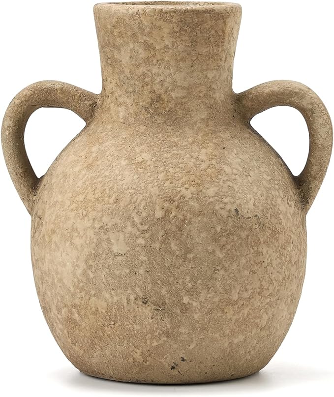 SIDUCAL Rustic Ceramic Farmhouse Flower Vase with 2 Handles, Terracotta Vase, Decorative Pottery Flower for Home Decor, Table, Wedding, Living Room, Shelf Decor, 7.3 Inch, Brown