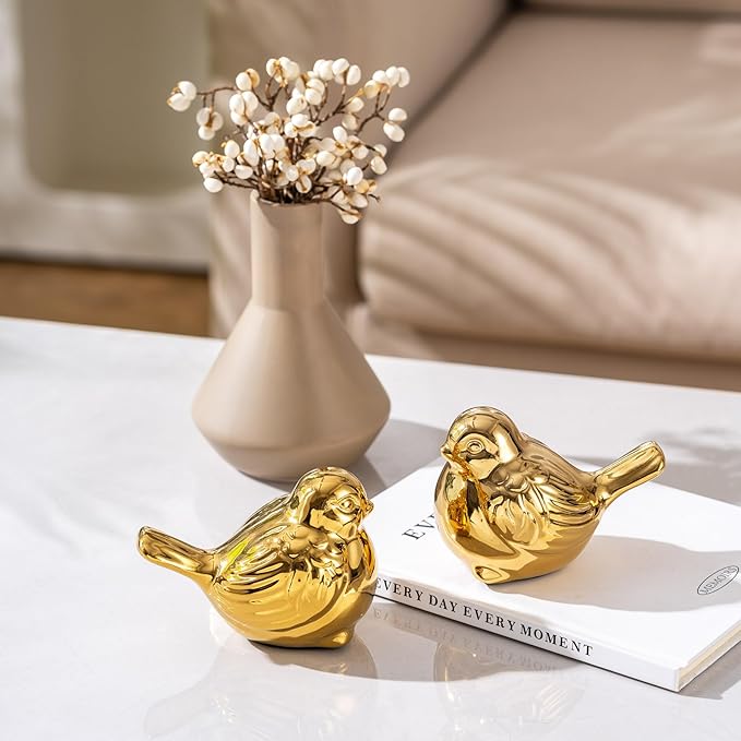 Set of 2 Small Birds Statues Gold Home Decor Modern Boho Style Figurine Decorative Ornaments for Living Room, Bedroom, Office Desktop, Cabinets, Shelf
