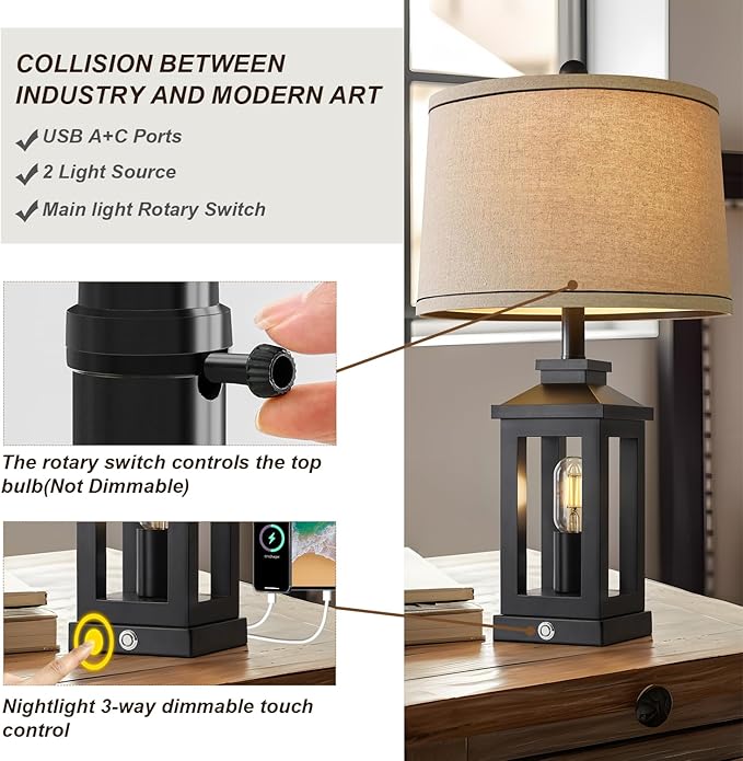 23.75" Retro Farmhouse Black Table Lamp for Living Room Bedroom Nightstand Set of 2 Touch Control Bedside Nightlight Vintage Modern Lamp with USB C+A Ports and 2 Light Sources