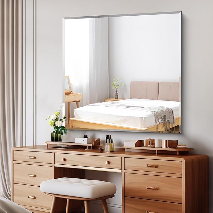 Beveled Mirror, 42x42 inch Square Bathroom Mirrors for Wall, Upgraded Shatterproof Frameless Vanity Mirror Over Sink with Beveled Edge for Bathroom,Bedroom,Living Room and Entryway