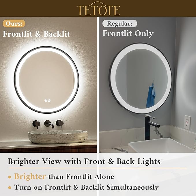 TETOTE Round Led Lighted Bathroom Mirror Matte Black Frame 30 Inch Front and Backlit Circle Round Light up Vanity Mirror with Lights, 3 Color Illuminated Dimmable Anti Fog Wall Mount, IP54 CRI 90+