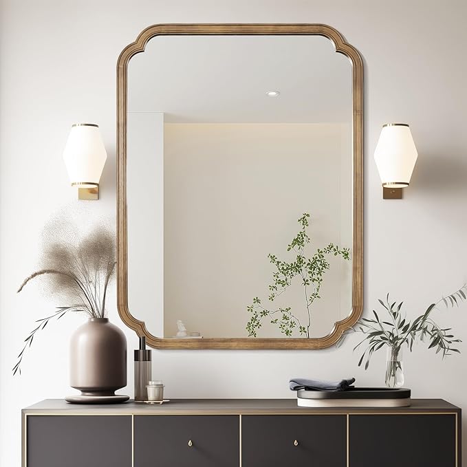 WallBeyond 30" x 40" Rounded Corner Arch Wall Mirror with Wood Frame for Entryway, Living Room or Bedroom Home Decor - Light Woodgrain, Honey-Colored