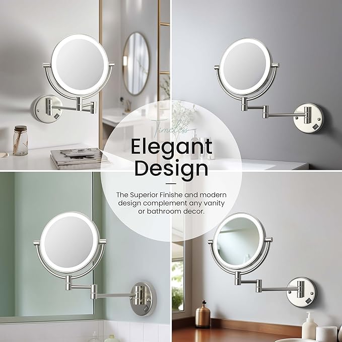 KIBI Circular Wall Mount Makeup Mirror with LED Lights, Dual-Sided 1x/5x Magnifying Mirror with Adjustable Arm, 360° Swivel, Solid Brass Construction for Durability and Style (Brushed Nickel, KMM101)