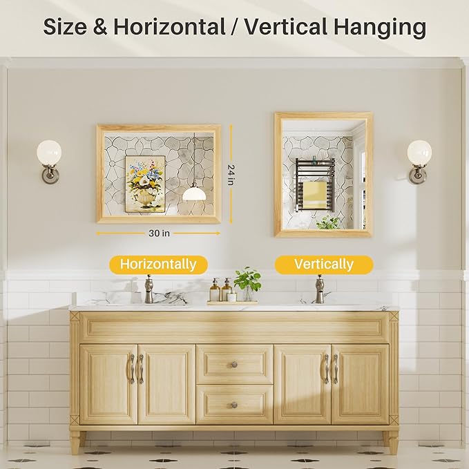 24x30 Inch Bathroom Mirror for Wall, Anti-Rust Oak Wood Grain Metal Framed Bathroom Mirrors for Over Sink,Rectangler Mirrors for Bathroom Vanity, Farmhouse, Bedroom, Living Room, Entryway Decor