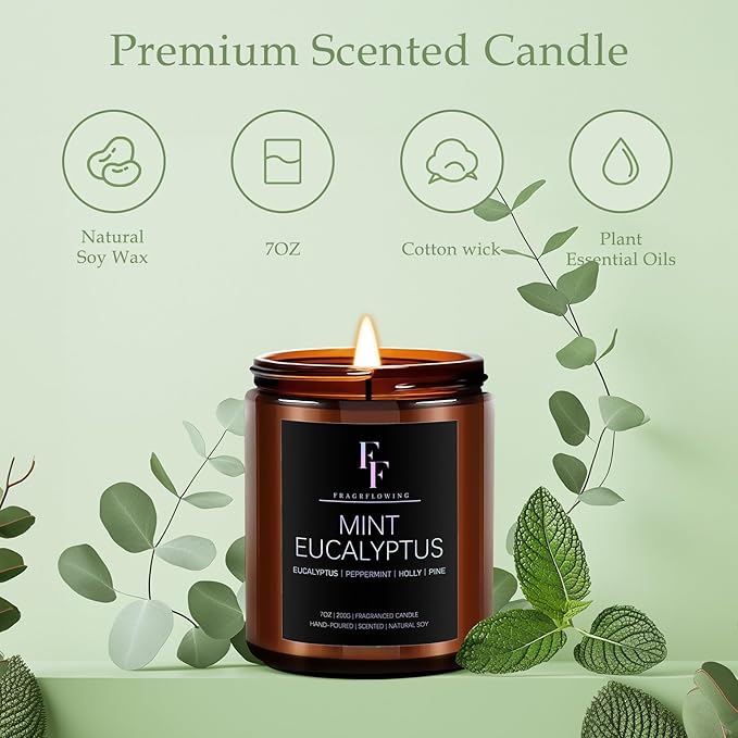 Mint Eucalyptus Candle, Scented Candle for Home Soy Wax Candle, Aromatherapy Candle Gift for Women Men, 50H Burns Long-Lasting, 7oz
