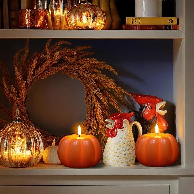 Wondise Fall Decorations Flameless Wax Pumpkin Candles with 6H Timer, Orange Battery Operated LED Candles Fall Decor for Thanksgiving Gifts, Autumn Farmhouse Harvest Decor for Home Decoration