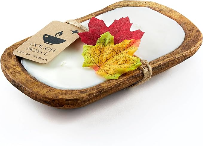 Dough Bowl Candle Co. Apple Maple Bourbon Soy Candle - 3 Wick Rustic Farmhouse Decor Odor Eliminator in Wooden Bowls, 20 Ounce Wooden Dough Bowl, All-Natural Gifts for Women and Men