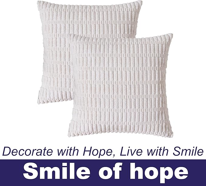 Corduroy Decorative Throw Pillow Covers 16x16 Inch Set of 2, Soft Boho Striped Spring Pillow Covers Modern Farmhouse Home Decor for Sofa Living Room Couch Bed Cream White